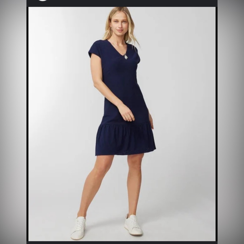 Navy blue knit lined eyelet drop waist dress easy comfy simple cute and fun PL